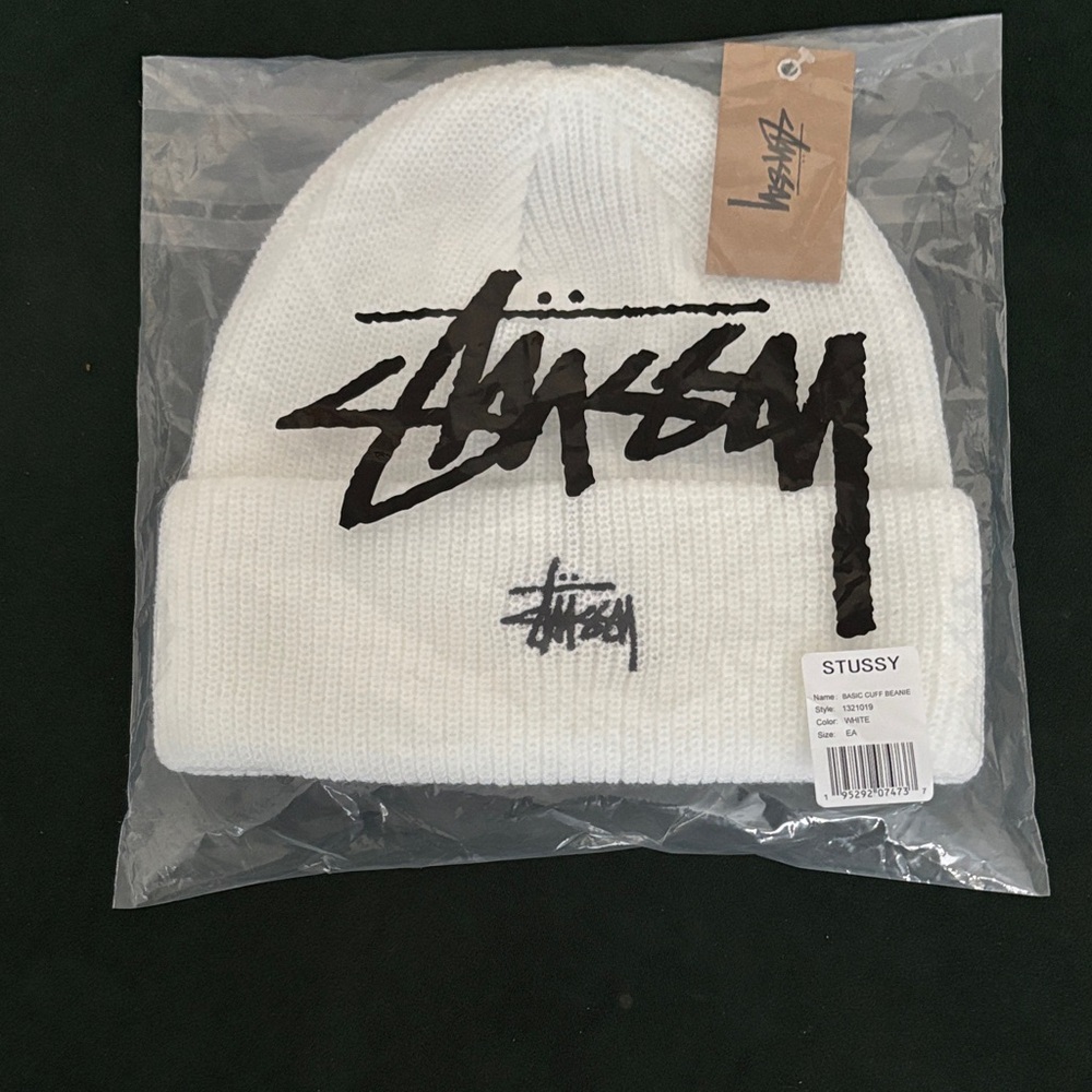 Stussy White Beanie with Black Logo